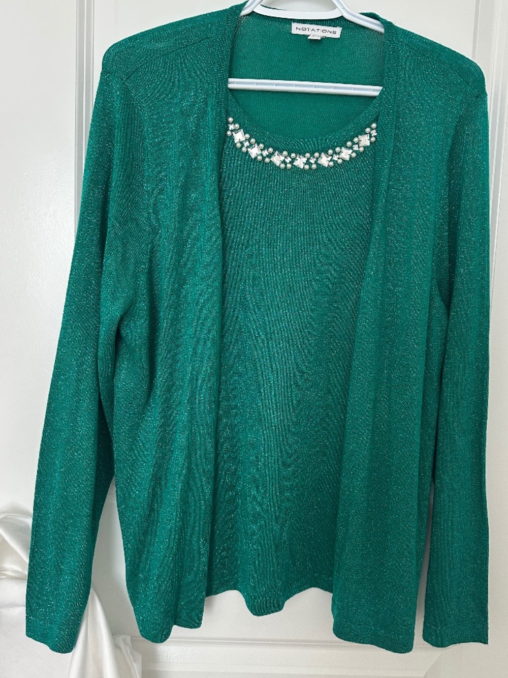 Notations Sparkly Bright Green One Piece Twinset Faux Jewels Pearls SZ XL